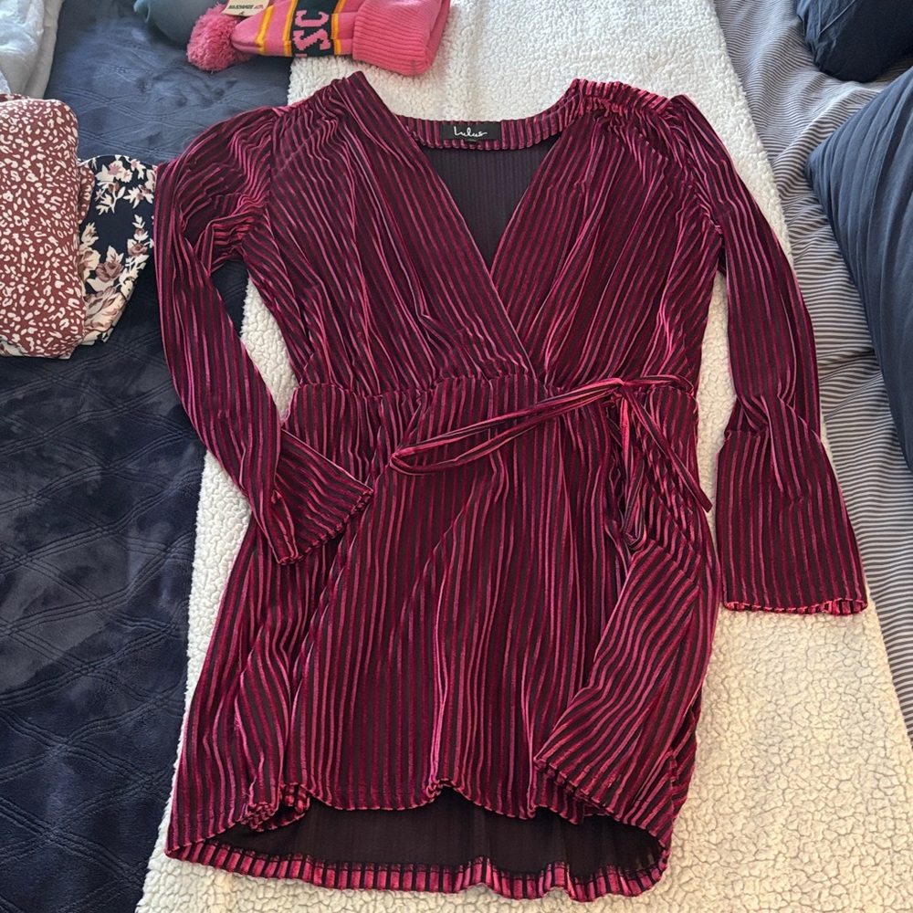 Lulu's Wine Burgundy Velvet Wrap Mini Dress